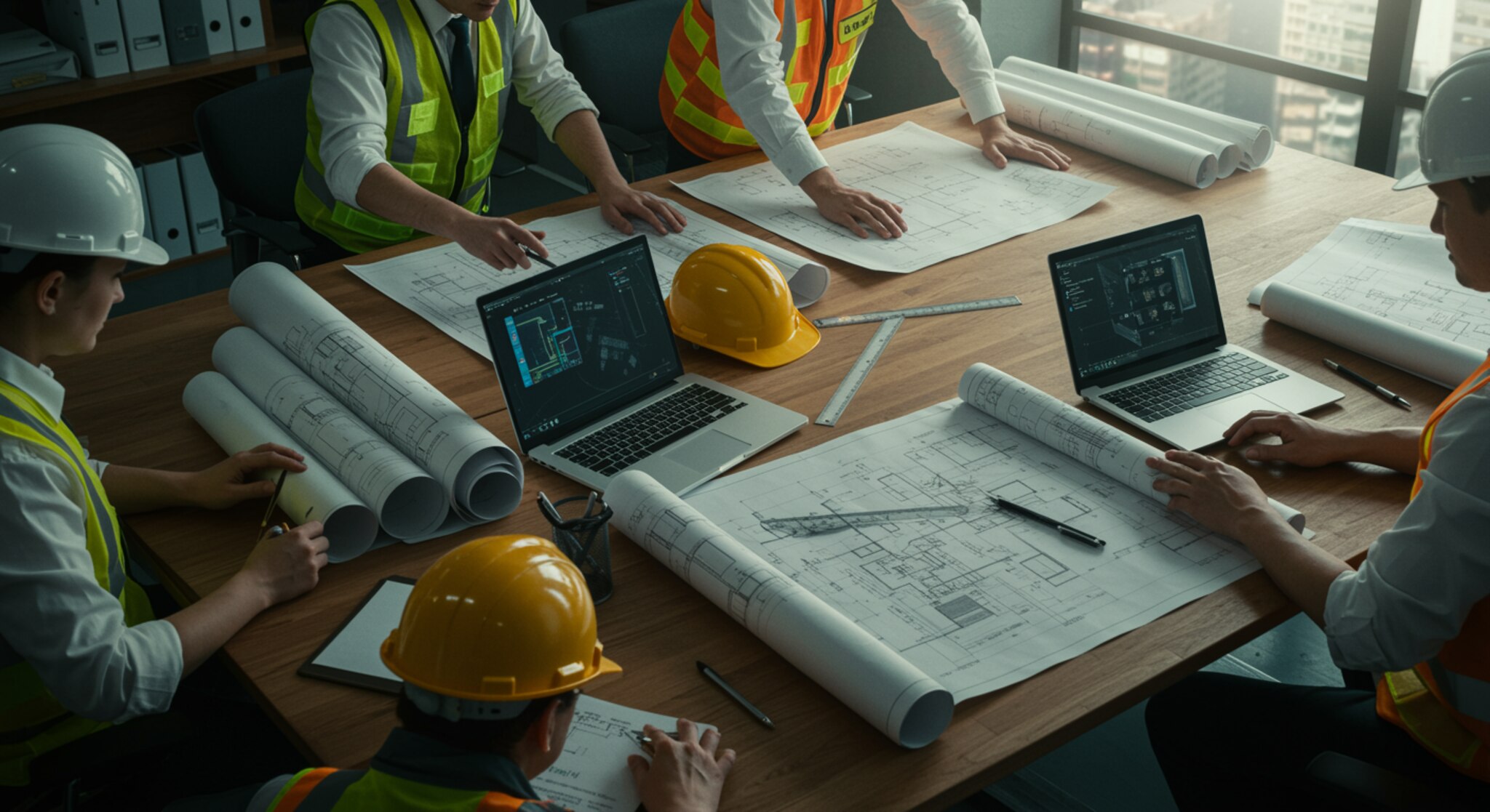 "Equipo de ingenieros civiles trabajando en planos técnicos y diseños CAD en una oficina moderna iluminada, con instrumentos de precisión y un ambiente profesional."
