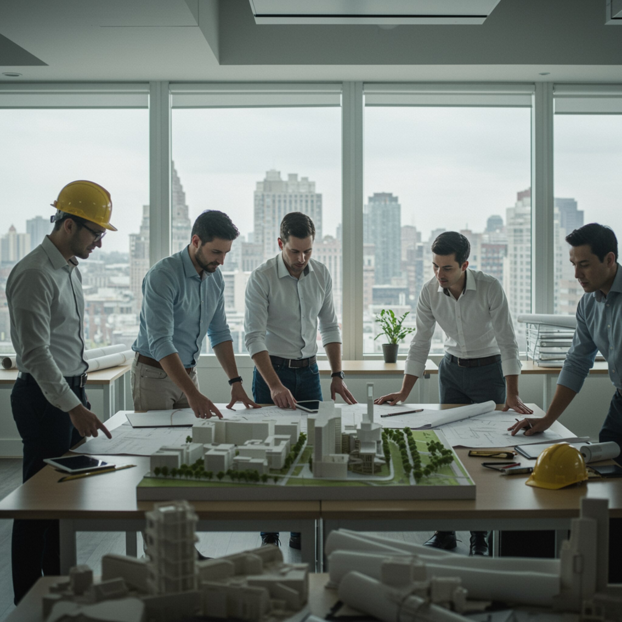"Ilustración detallada de un estudio moderno de ingeniería y arquitectura, donde un grupo diverso de profesionales revisa un modelo a escala de un desarrollo urbano, destacando la colaboración y la excelencia técnica."