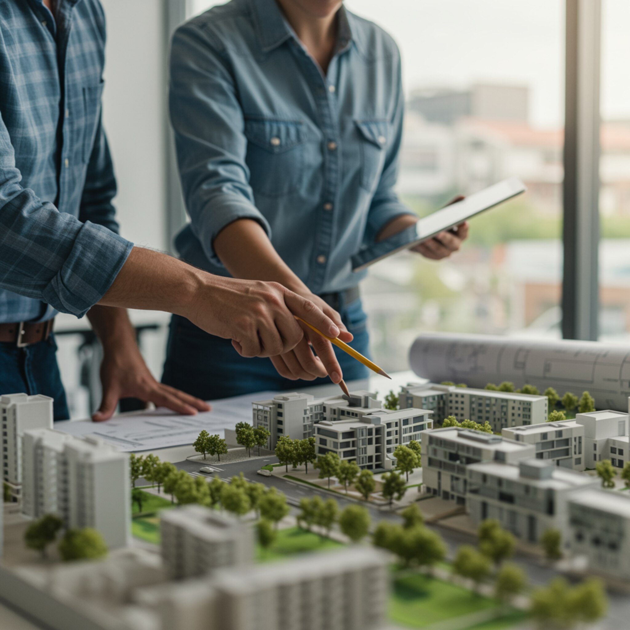 "Arquitectos revisando un modelo a escala de un desarrollo urbano contemporáneo en una oficina luminosa, destacando su profesionalismo y precisión en el diseño arquitectónico."
