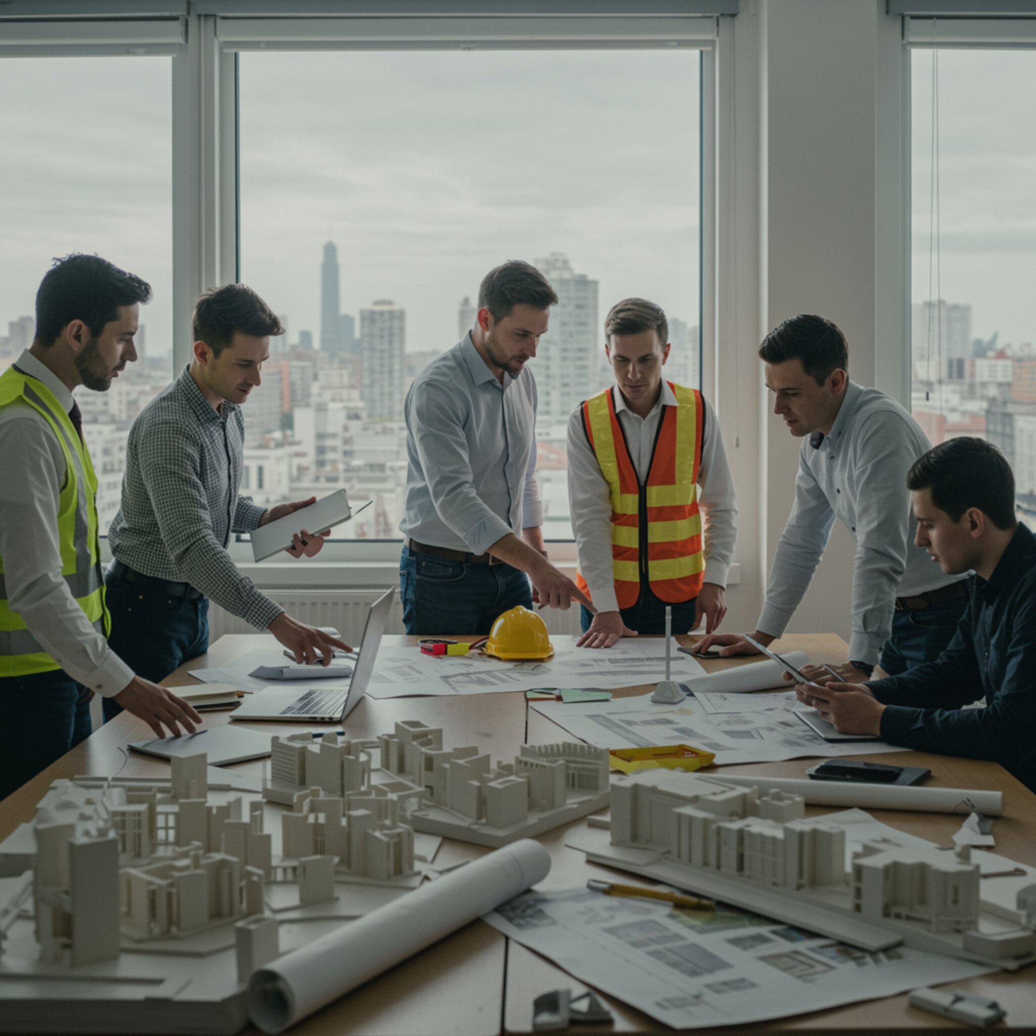 "Oficina moderna y luminosa donde ingenieros y urbanistas colaboran en proyectos urbanos, destacando innovación y comunicación efectiva."